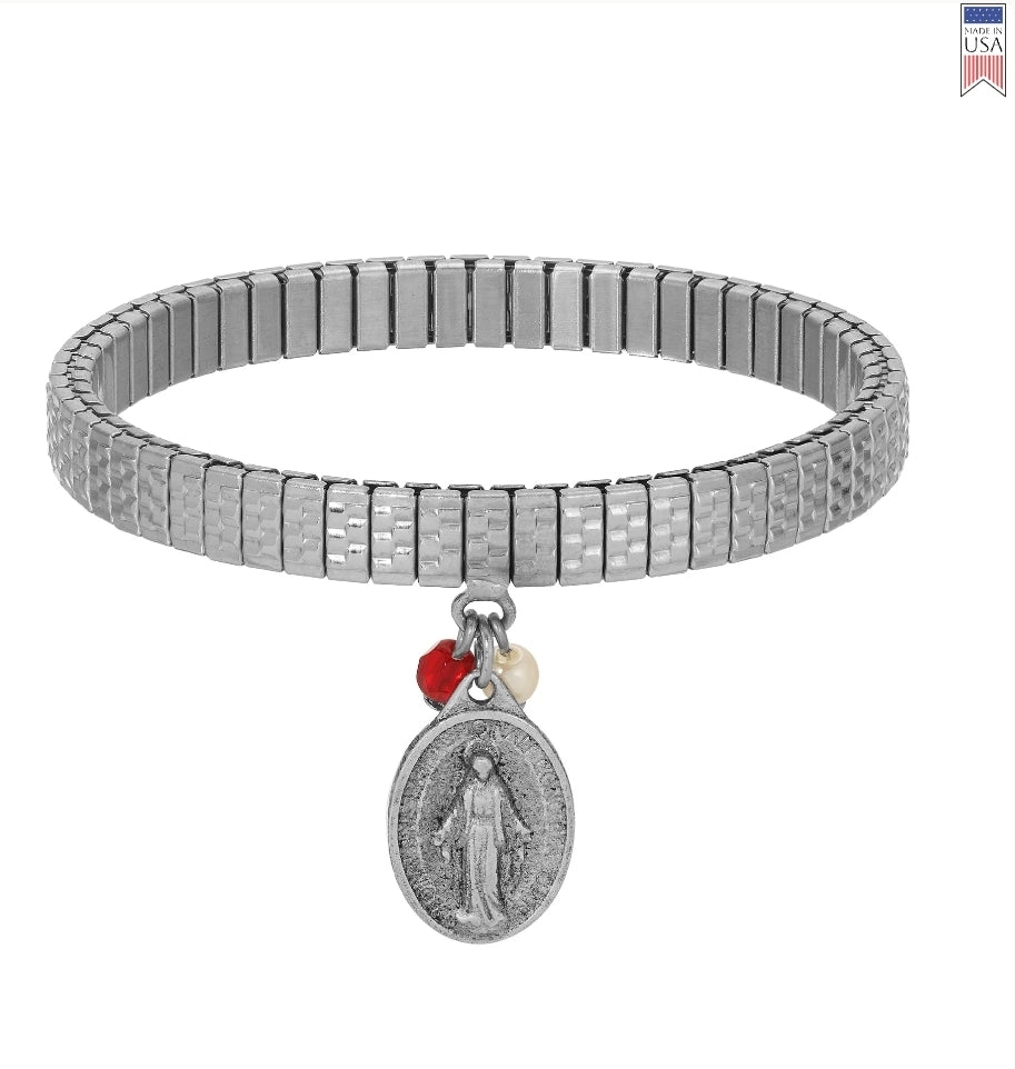 Symbols Of Faith Miraculous Medal Charm Faux Pearl Pearl & Crystal Stretch Bracelet