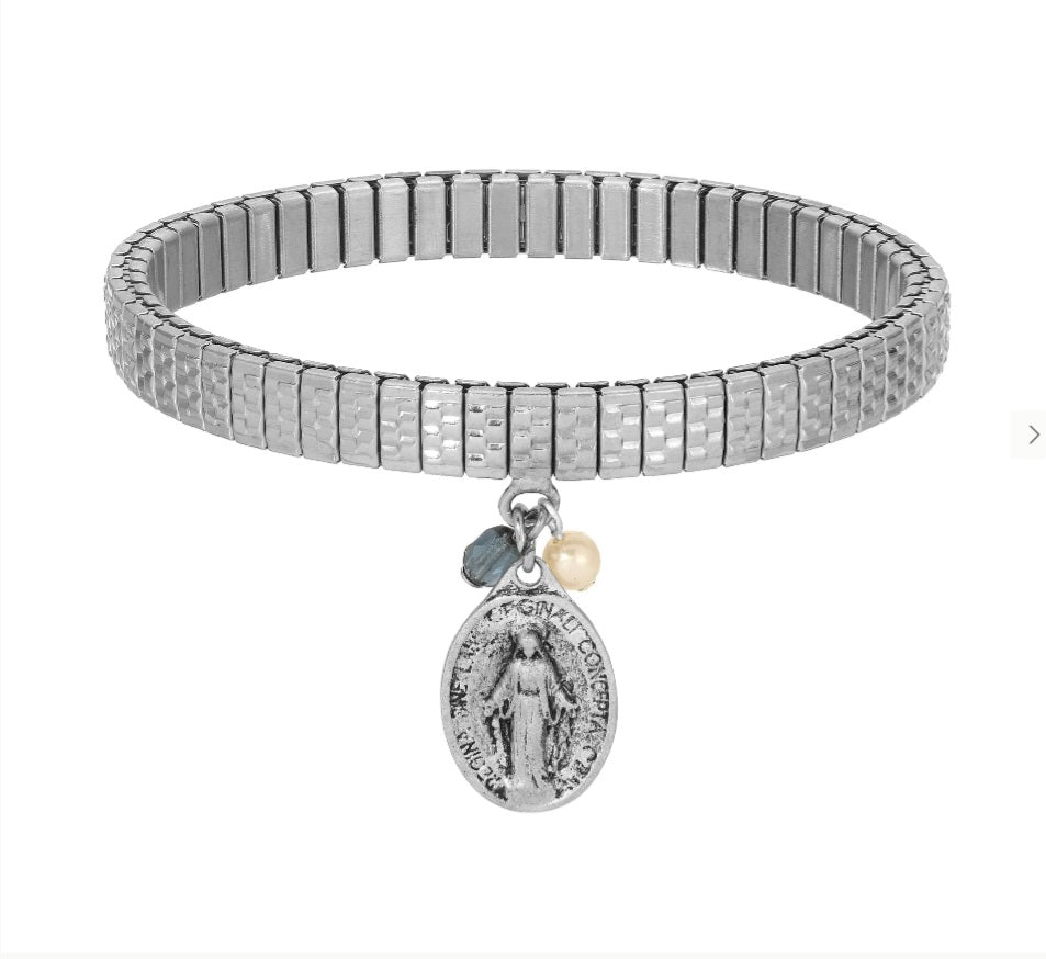 Symbols Of Faith Miraculous Medal Charm Faux Pearl Pearl & Blue Crystal Stretch Bracelet