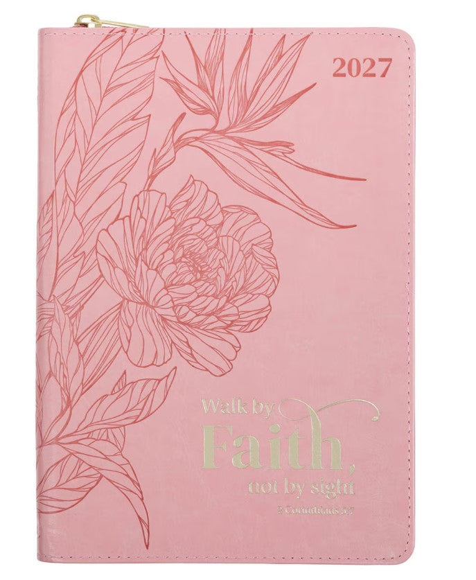 2027 Walk by Faith Pink Faux Leather Executive Planner with Zipper Closure - 2 Corinthians 5:7