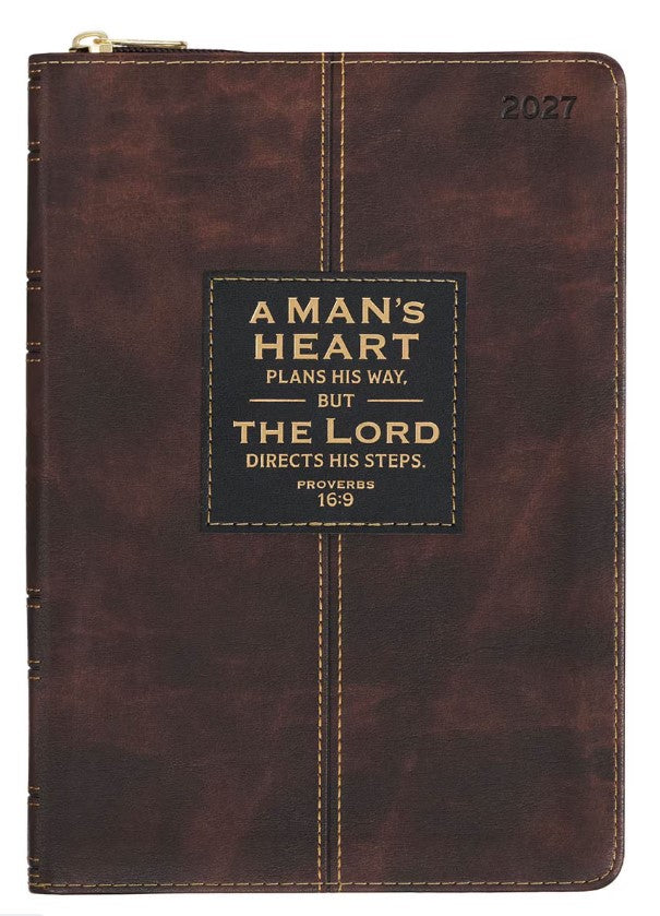 2027 A Man's Heart Smoked Walnut Faux Leather Executive Planner with Zipper Closure - Proverbs 16:9