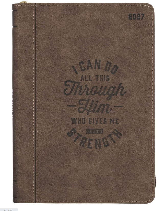 2027 I Can Do All This Truffle Brown Faux Leather Executive Planner with Zipper Closure - Philippians 4:13