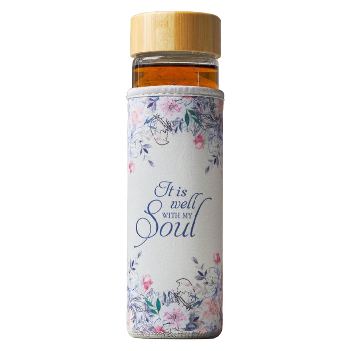 Well With My Soul Hymn Glass Water Bottle with Bamboo Lid and Sleeve