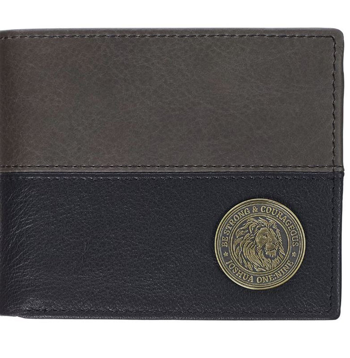 Strong and Courageous Black and Brown Full Grain Leather Wallet with Metal Badge - Joshua 1:9