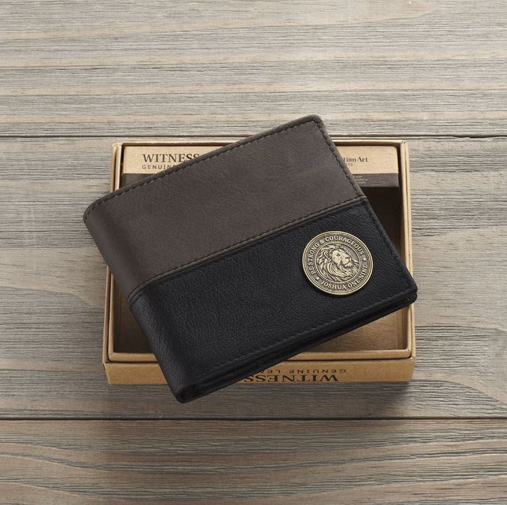 Strong and Courageous Black and Brown Full Grain Leather Wallet with Metal Badge - Joshua 1:9