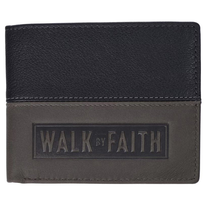 Walk by Faith Black and Gray Full Grain Leather Wallet - 2 Corinthians 5:7