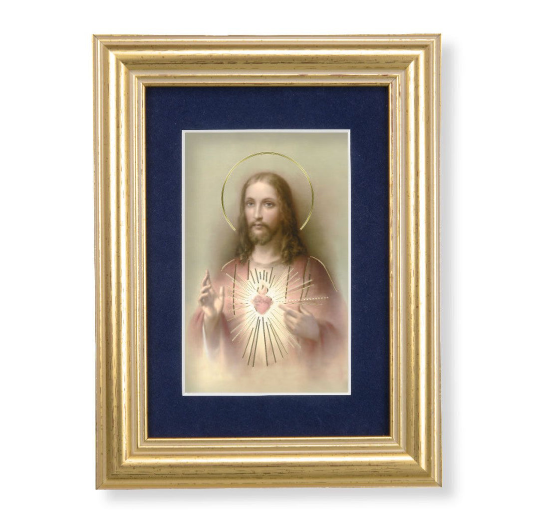 Gold Leaf Frame Navy Blue Matte with Sacred Heart of Jesus Print