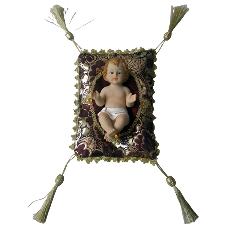 5" Baby Jesus with Burgundy/Gold Cushion