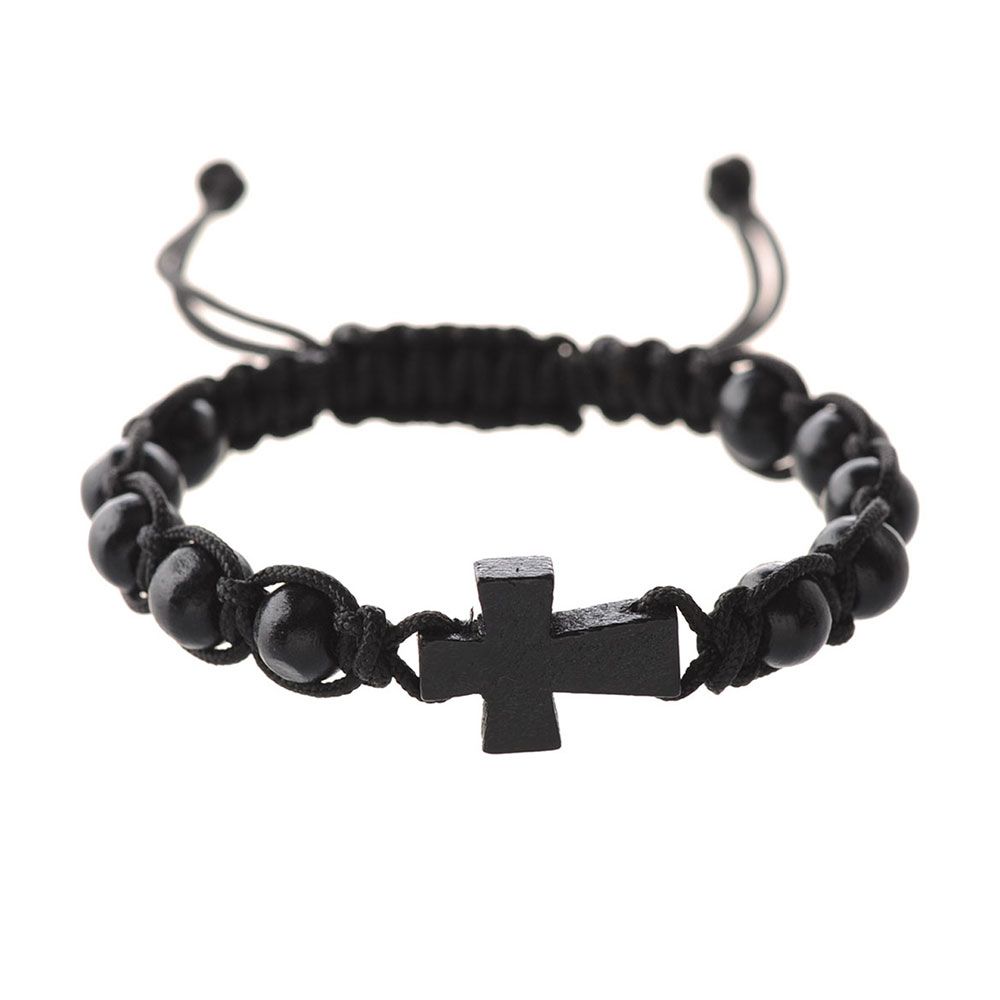 8mm Black Wood Corded Cross Bracelet