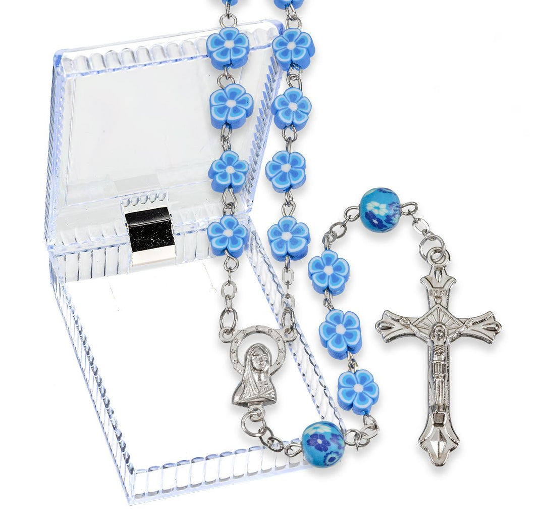 8mm Blue Floral Shaped Fimo Bead Rosary