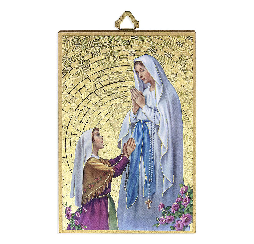 Gold Foil Our Lady of Lourdes Mosaic Plaque