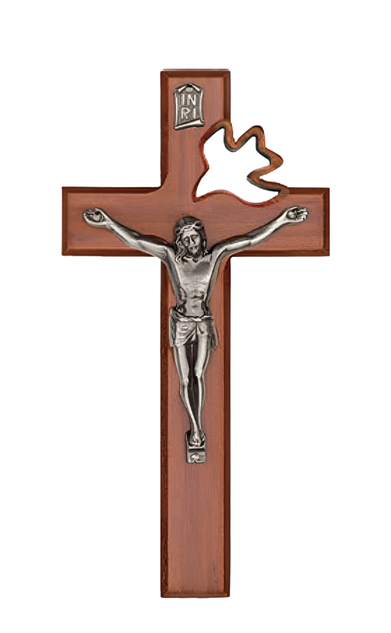 8" Beveled Walnut Stained Wall Crucifix With Cut-out Dove