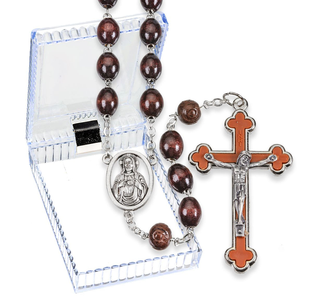 Brown Oval Wood Bead Rosary