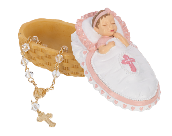 Bassinet Trinket Dish with Rosary - Pink