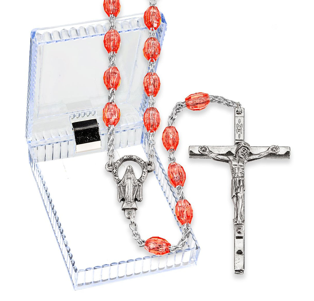 Pink Clear Oval Plastic Bead Rosary