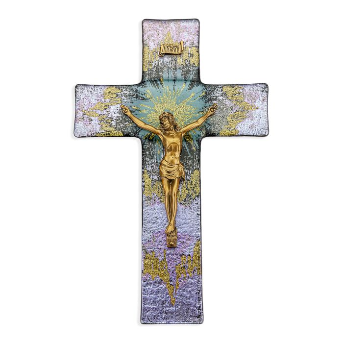 10" Purple and Gold Burst Glass Crucifix with Museum Gold Tone Corpus