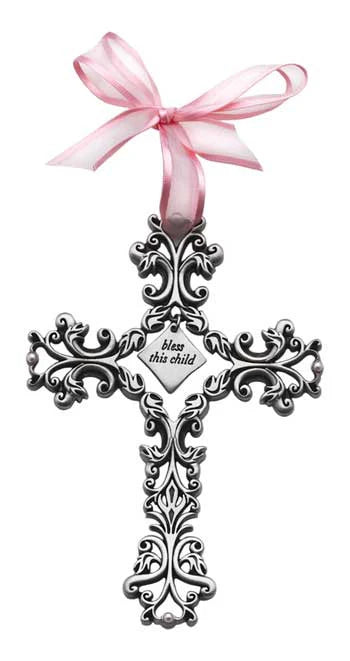 5" Bless This Child Pink Filigree Cross