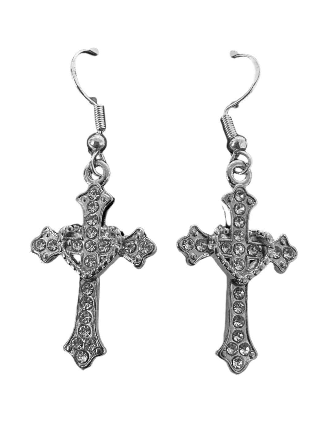 Silver Heart Crystal Cross Earrings Set