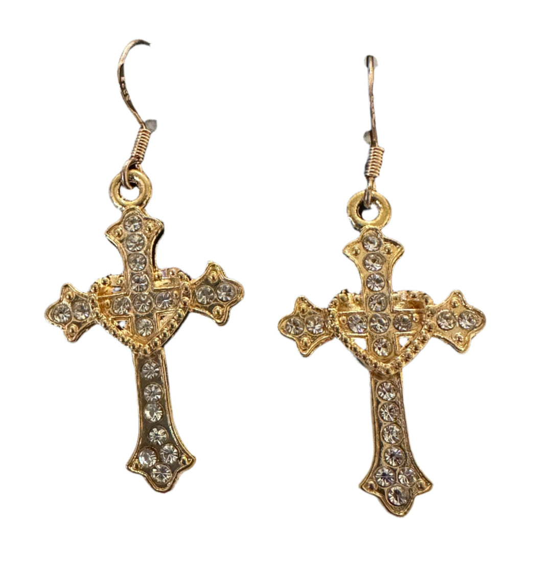 Gold Heart Cross Earrings Set