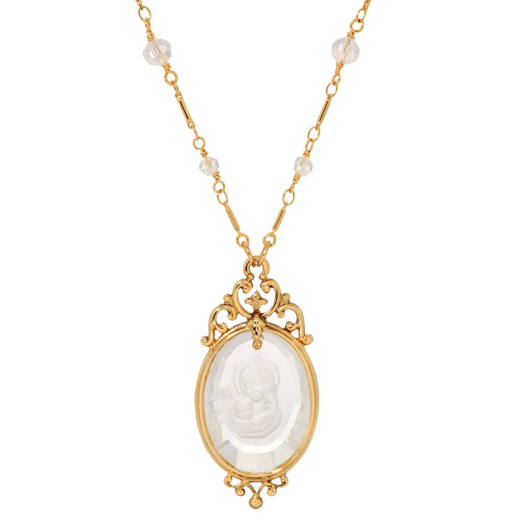 Madonna and Child Intaglio Glass Crystal Pendant Necklace