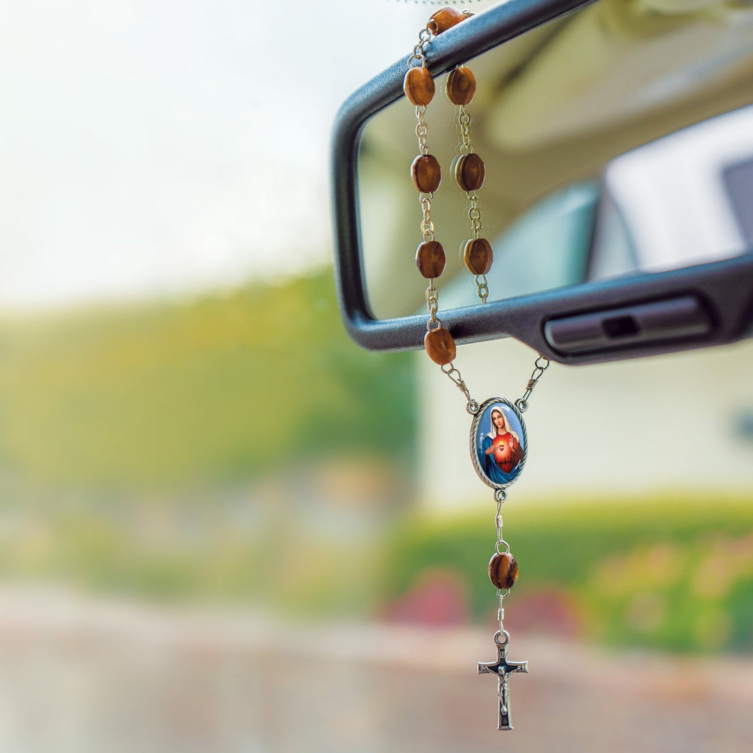Immaculate Heart, Holy Land Olive Wood Pocket Auto Rosary