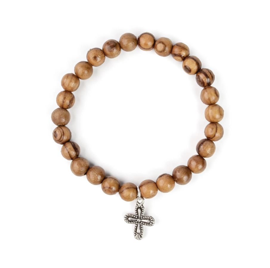 Olive Wood Stretch Bracelet With Cross Charm