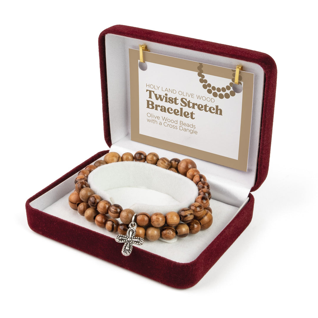 8mm Twist Stretch Olive Wood Bracelet with Cross Dangle