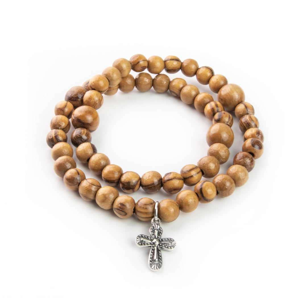 8mm Twist Stretch Olive Wood Bracelet with Cross Dangle