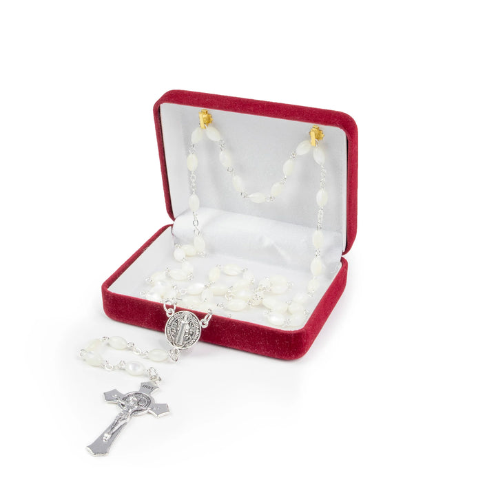 8mm x 10mm Mother of Pearl Rosary with Saint Benedict Medal