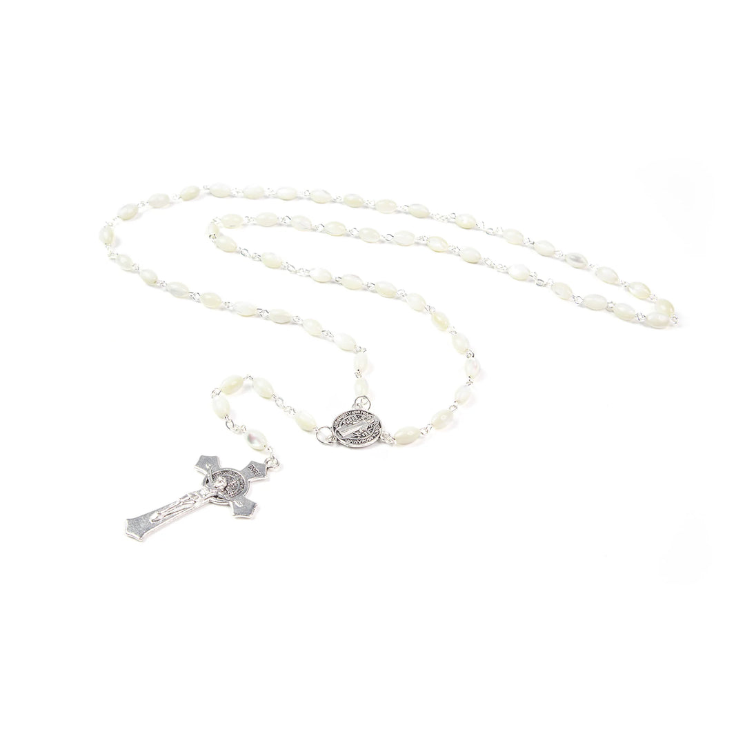 8mm x 10mm Mother of Pearl Rosary with Saint Benedict Medal