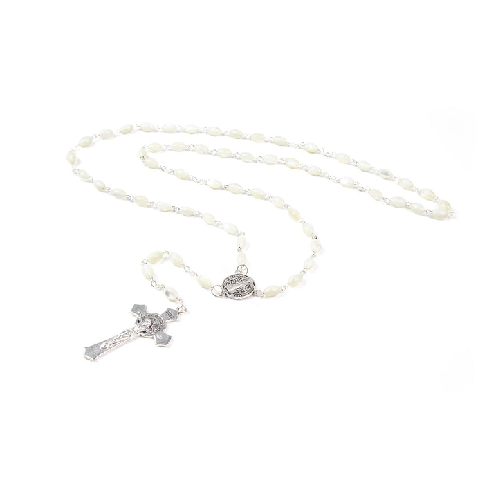 8mm x 10mm Mother of Pearl Rosary with Saint Benedict Medal