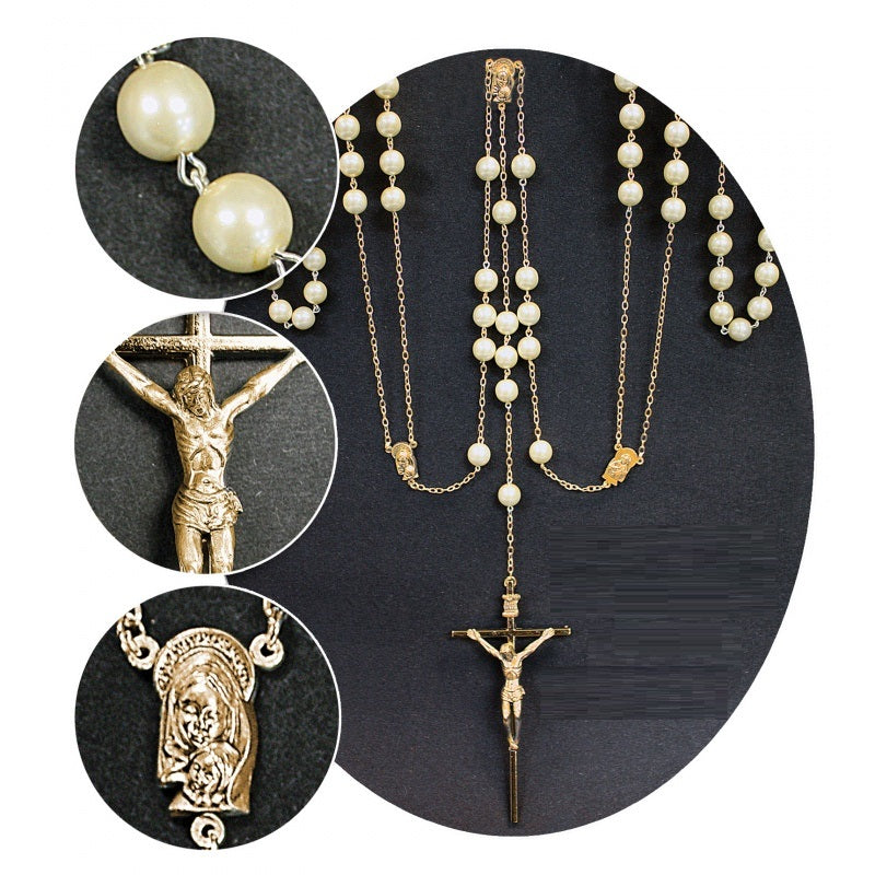 Gold Lasso Rosary with Round Pearl Beads - Deluxe