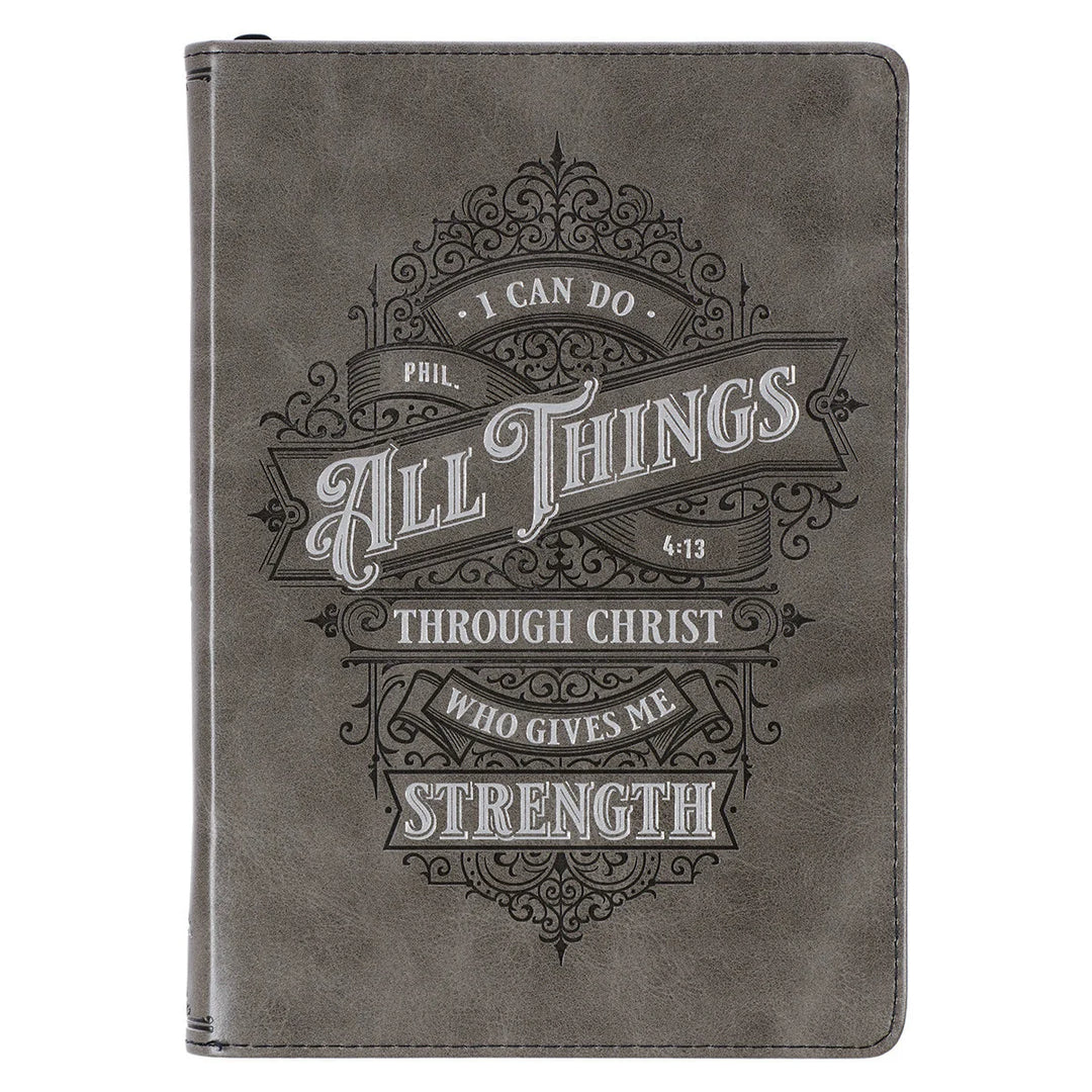 All Things Through Christ Gray Faux Leather Classic Journal with Zipper Closure - Philippians 4:13