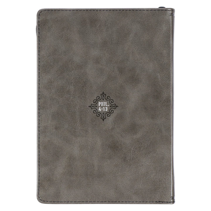 All Things Through Christ Gray Faux Leather Classic Journal with Zipper Closure - Philippians 4:13