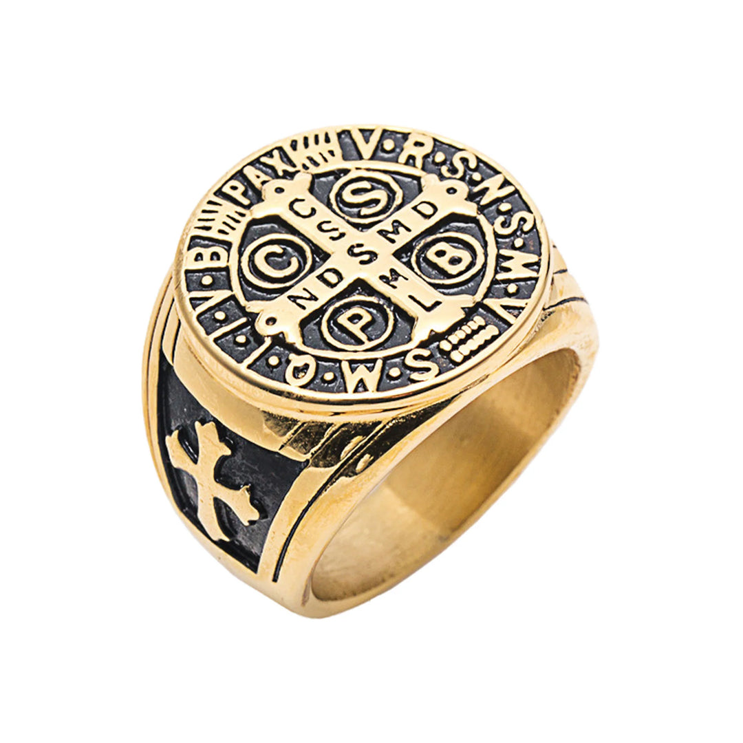 St Benedict Stainless Steel Gold Ring - Size 13