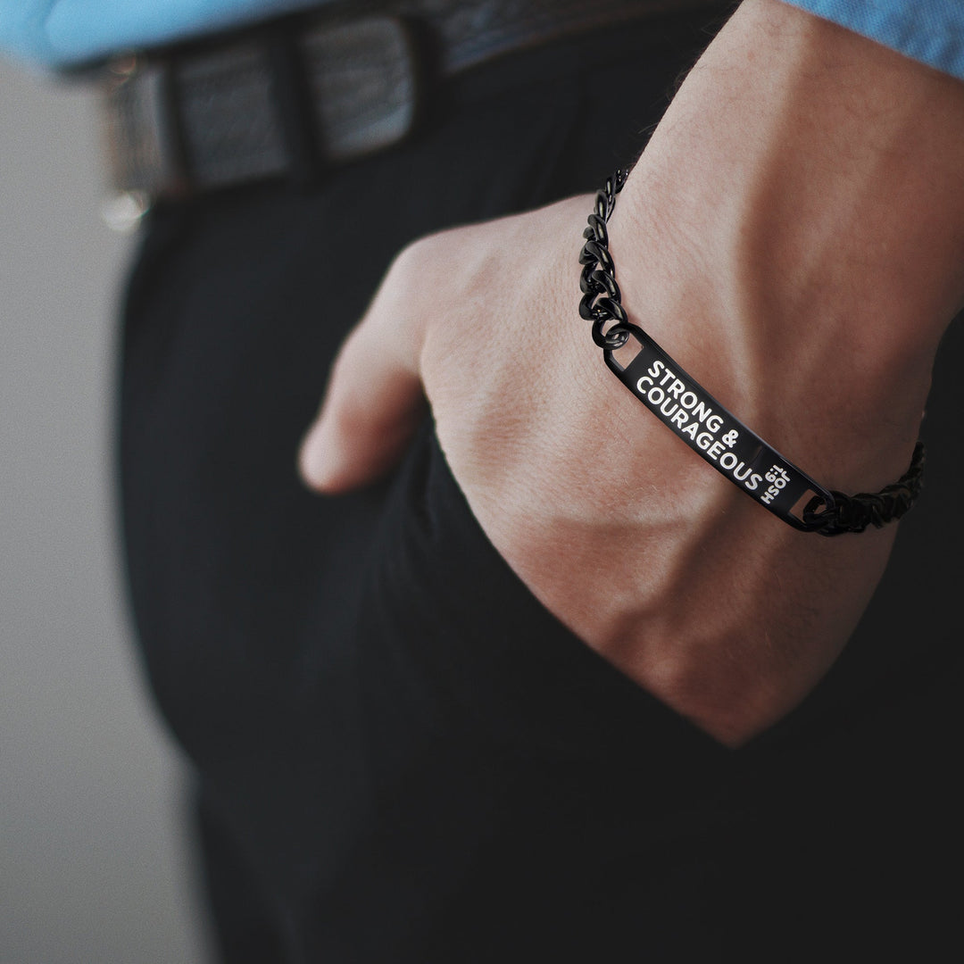 Stainless Steel Black ID Bracelet – Strong & Courageous, Josh 1:9
