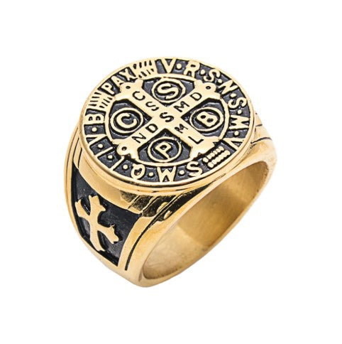 St Benedict Stainless Steel Gold Ring - Size 7