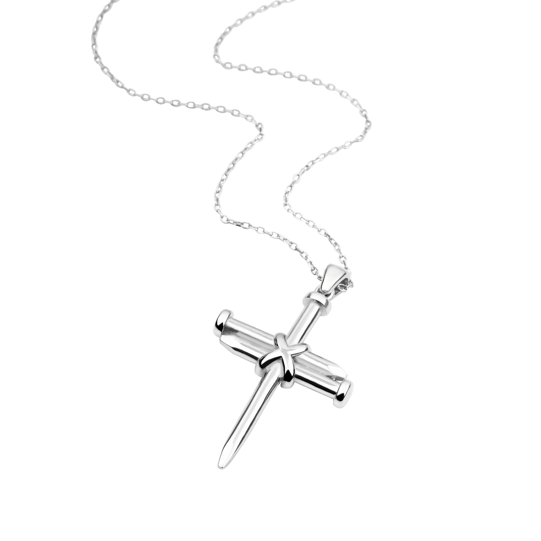 24" Three Nail Cross Sterling Silver Pendant