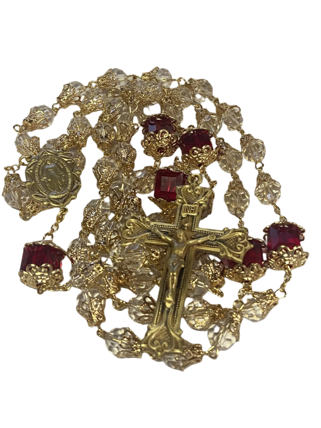8mm Clear Faceted Glass Tulip Capped Rosary Red and Brass