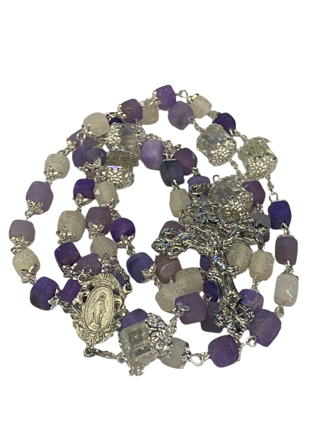 7mm Square Multi Shade Frosted Amethyst Crackle Glass Rosary