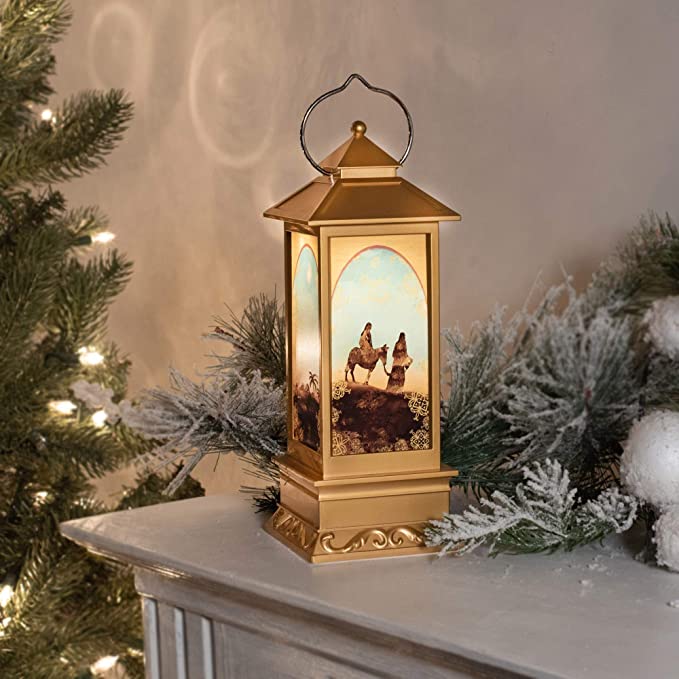 11" Gold O' Holy Night Lantern with Holy Family Silhouette.