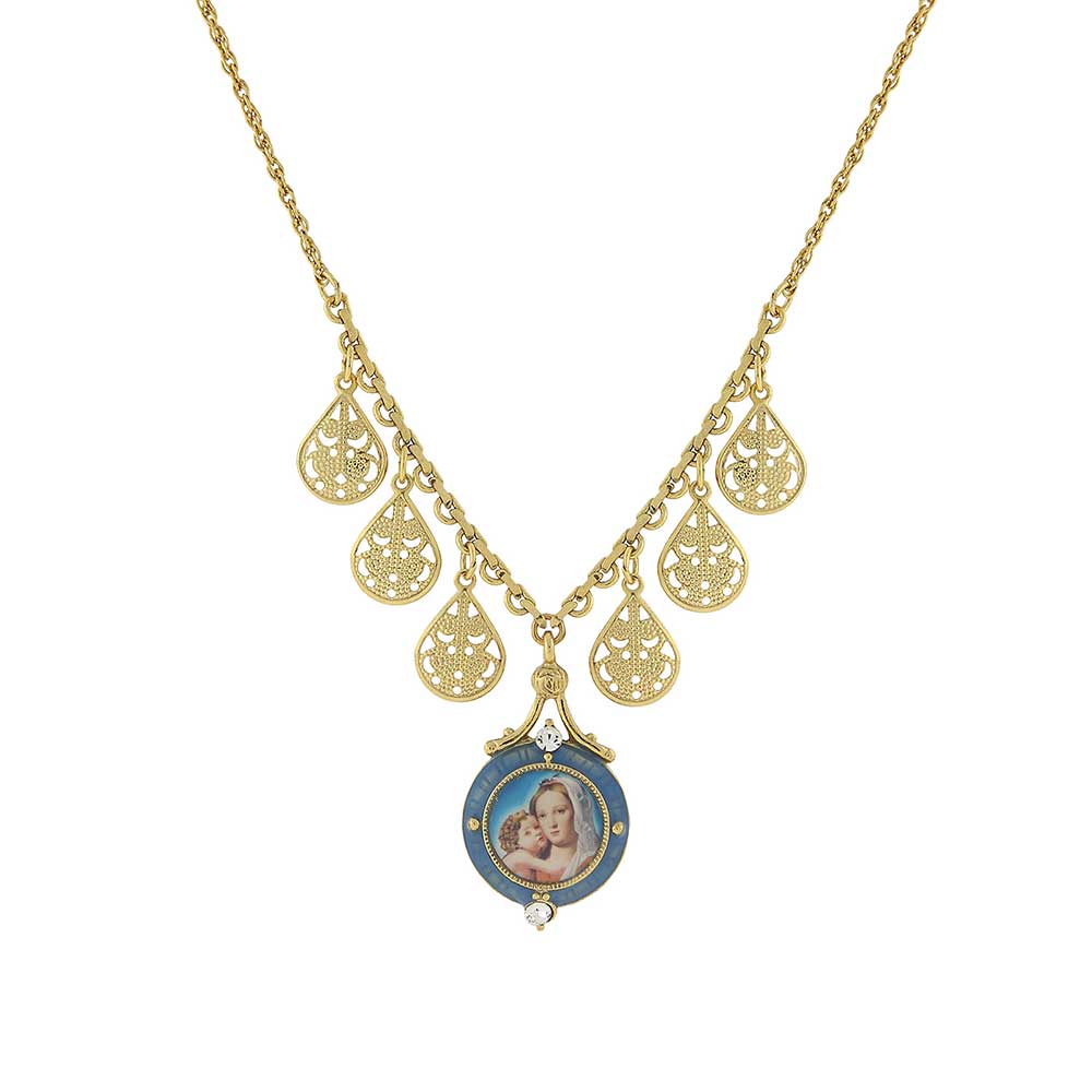 14K Gold Dipped Blue Enamel Mary & Child Necklace