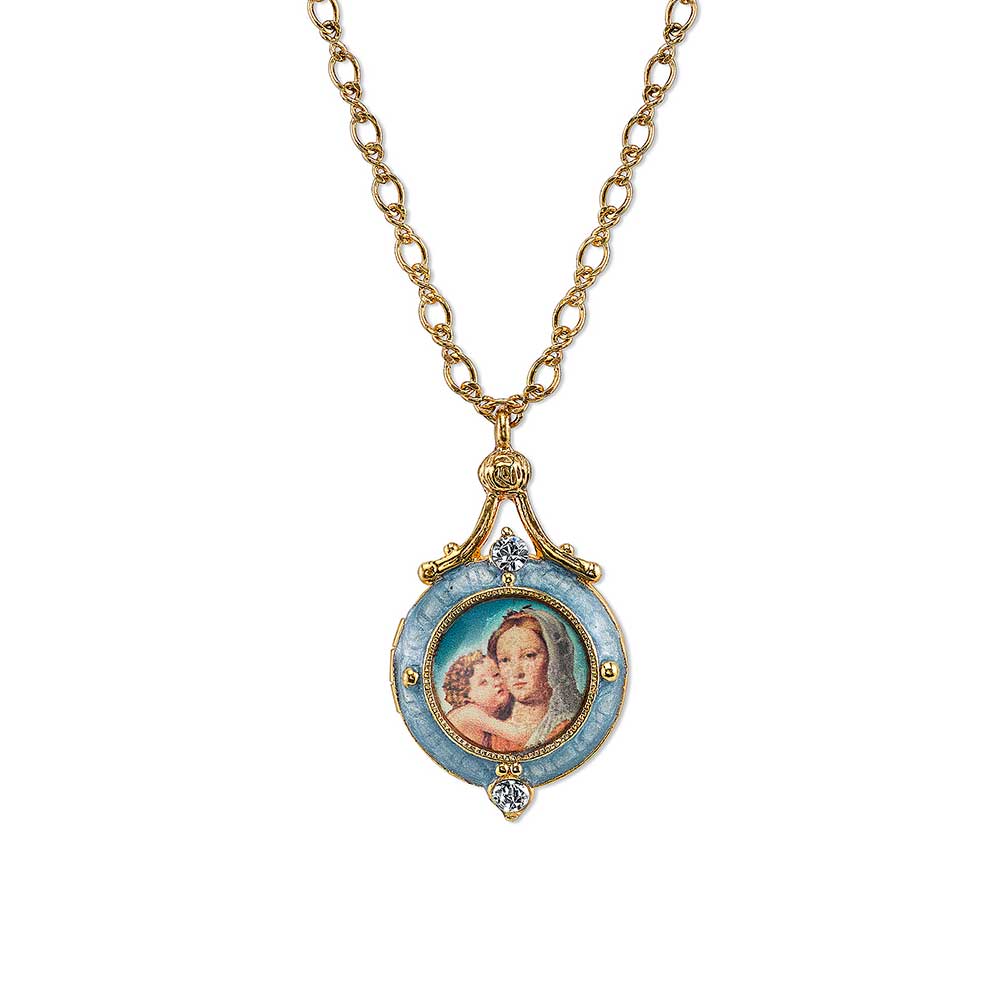 14K Gold Dipped Blue Enamel Mary & Child Locket Necklace