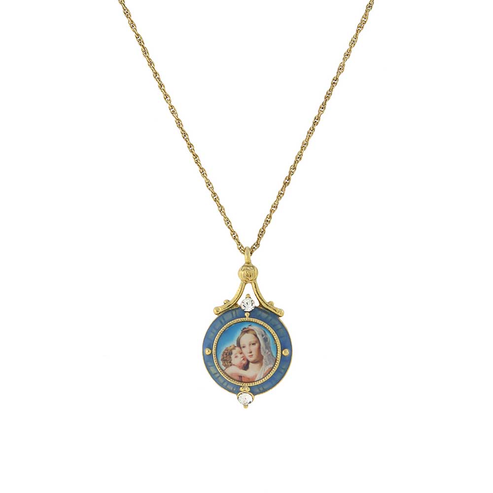 Blue Enamel Mary and Child Pendant Necklace