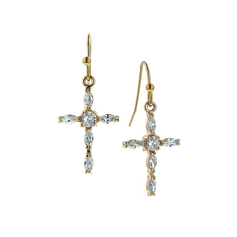 14K Gold Dipped Clear Crystal Cross Drop Earrings