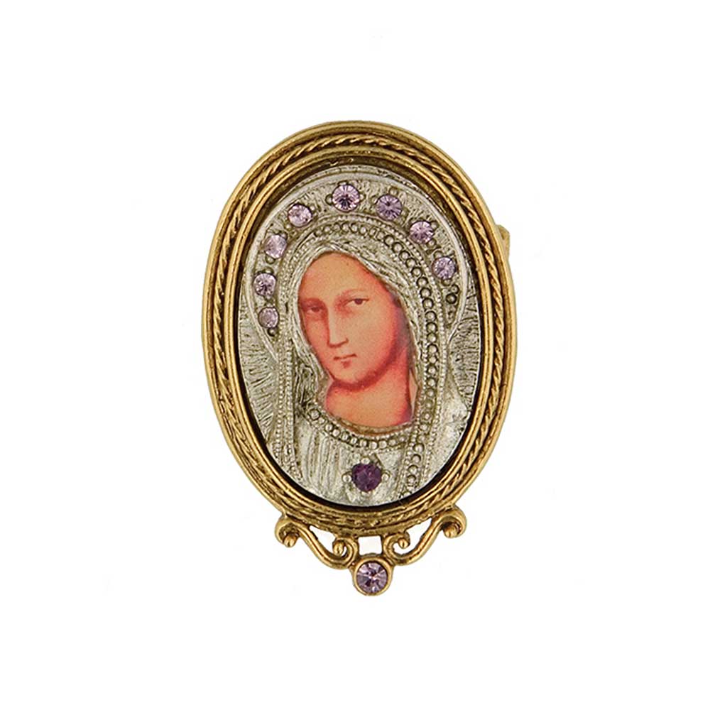 14K Gold Dipped Purple Crystal Iconica Mary Brooch