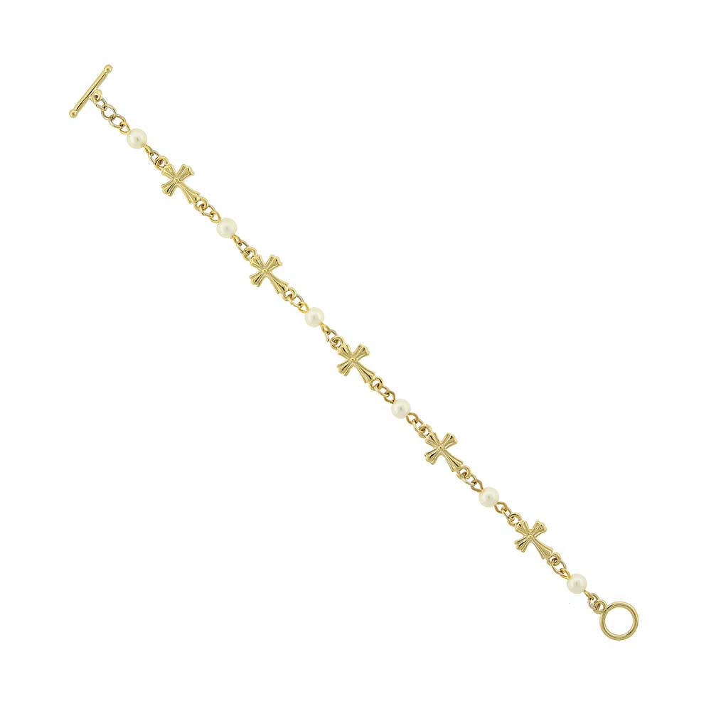 14K Gold-Dipped Cross with Pearl Toggle Bracelet