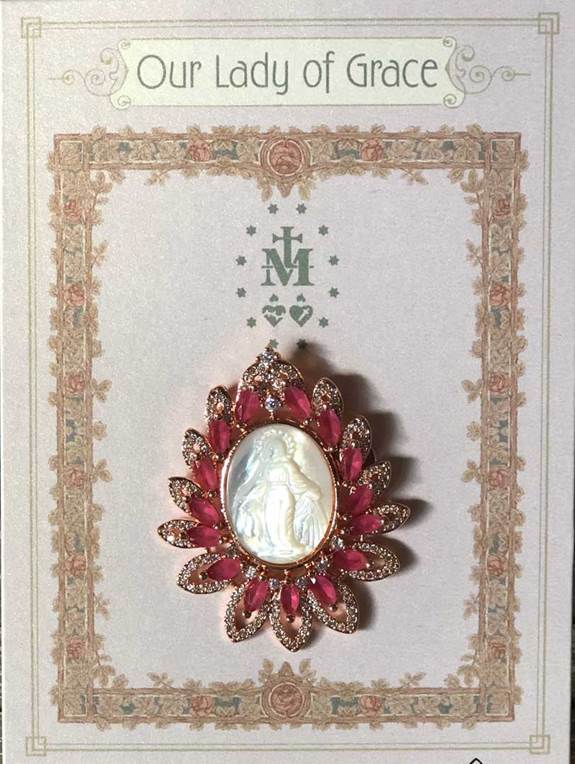 1.75" Our Lady of Grace Pin - Oval Garnet/Rose Gold