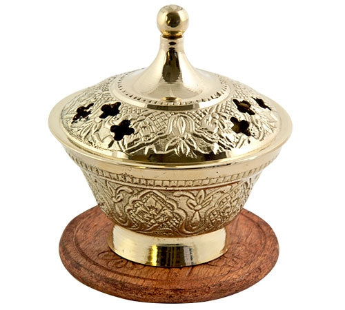 3.5" Brass Carved Screen Charcoal Burner with Coaster