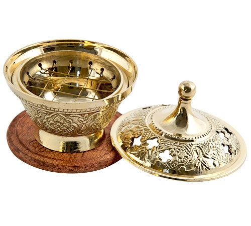 3.5" Brass Carved Screen Charcoal Burner with Coaster