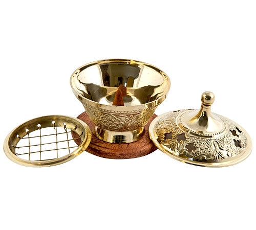 3.5" Brass Carved Screen Charcoal Burner with Coaster